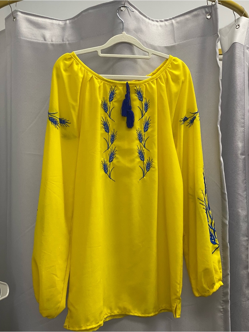 Yellow Embroidered Peasant Blouse with Blue Tassel